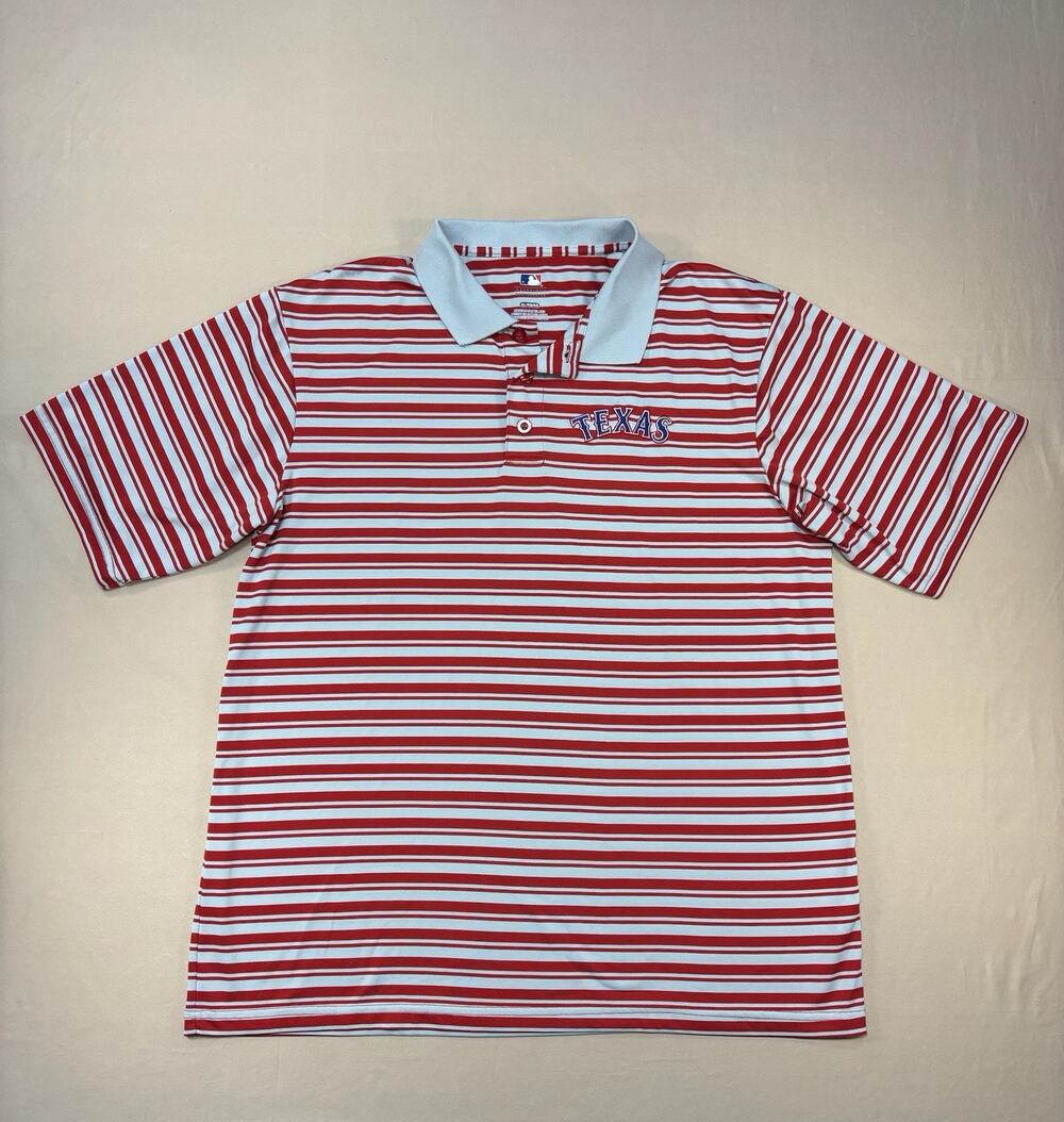 MLB Texas Rangers Genuine Mens Red Gray Striped Golf Logo Polo Shirt Size XL
